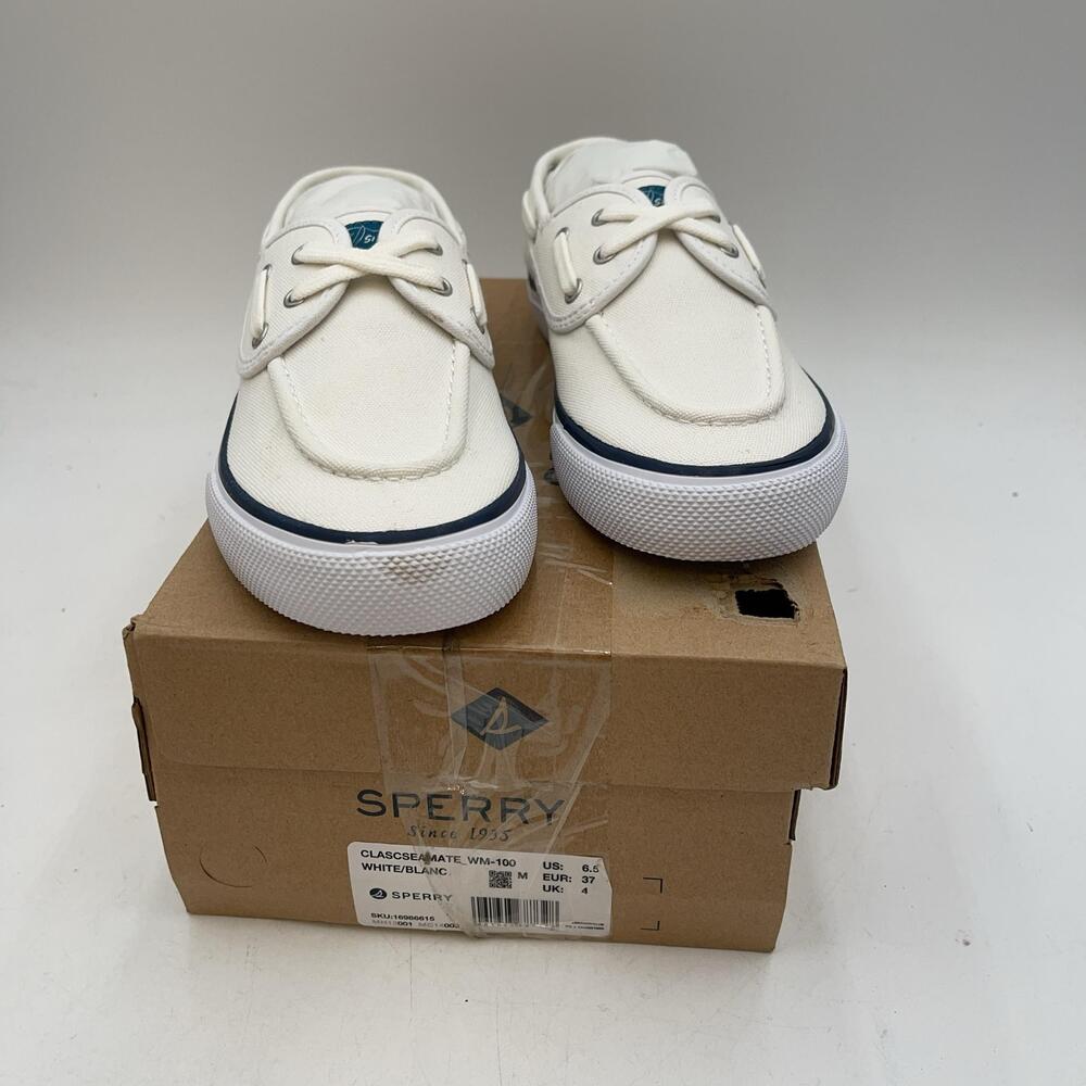 Sperry CLASCSEAMATE_WM-100 Shoes Womens White Canvas Boat Flats Slip On Size 6.5